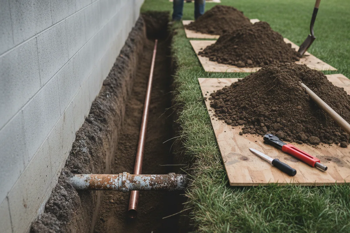 Excavated water line trench during Sewer Line Repair in Ayrshire